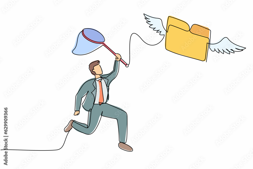 Poster single continuous line drawing businessman try to catching flying folder with butterfly net. analyzi