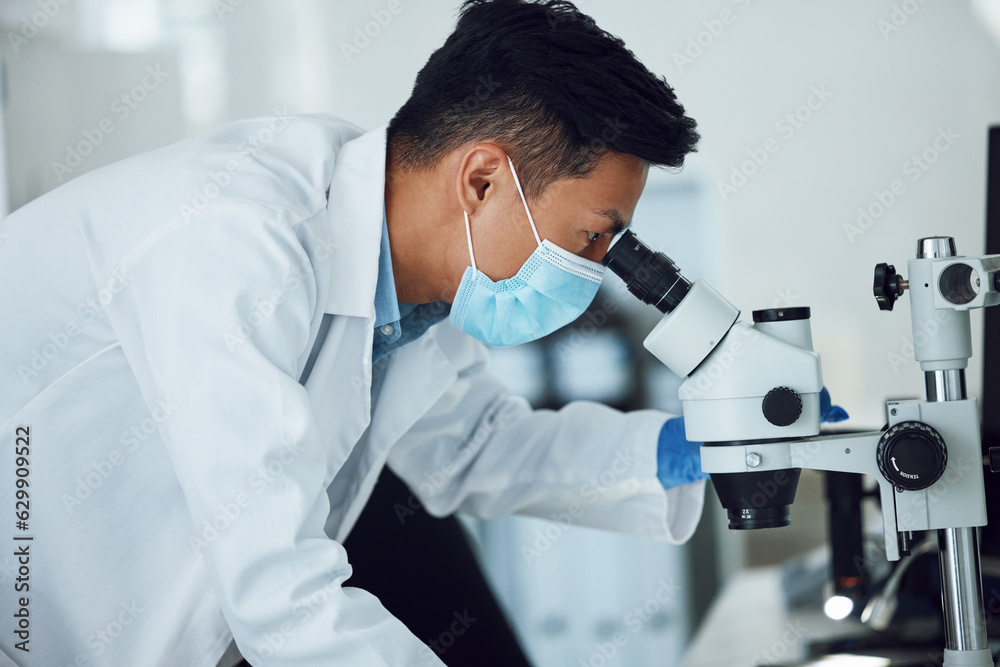 Poster microscope, science and asian man with face mask in laboratory for research, medical analysis and bi