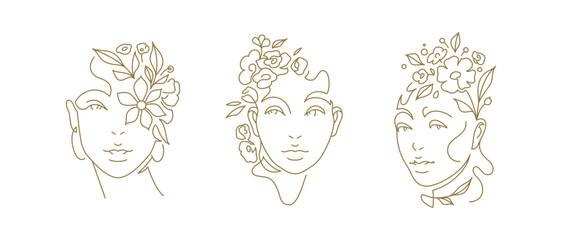 Romantic floral woman portrait botanical blossom design continuous line art logo set vector