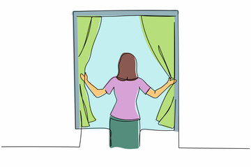 Single one line drawing back view of young woman standing and opening window curtains. Concept of person wake up in morning to get fresh air. Continuous line draw design graphic vector illustration