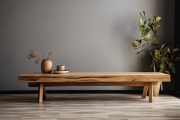 A wood table in a contemporary living area, with blank copy space for a dummy product display. Concepts for home decoration and furniture design. Generative AI