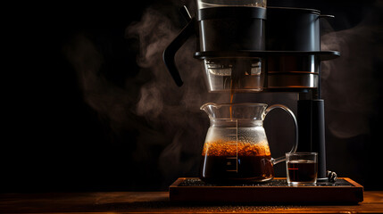 A drip coffee maker on wooden table and dark background, Generative AI