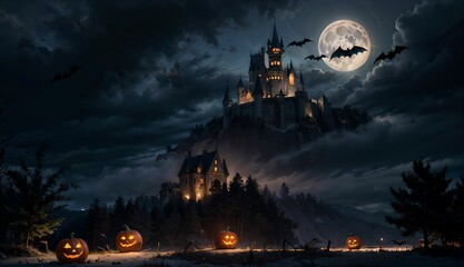 Frightening Halloween Castle with Bats on Full Moon ai generated