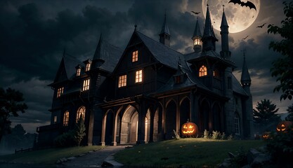Fototapeta na wymiar Frightening Halloween Castle with Bats on Full Moon ai generated