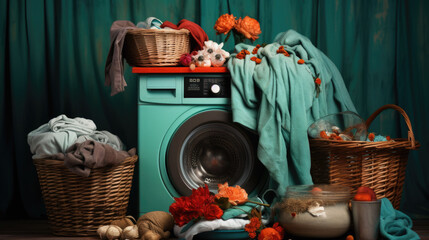 freshly washed laundry in a tidy room with washing machine in the background. Generative AI