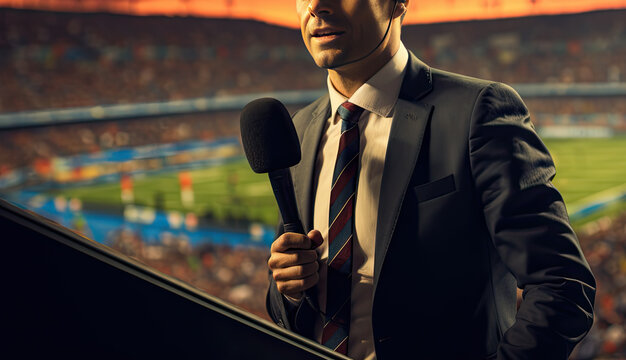 a sports commentator in a large soccer stadium comments on a sporting event. Generative AI