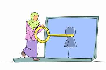 Continuous one line drawing Arab businesswoman put key into laptop computer. Internet security from hacker. Access to encrypted data protection information. Single line draw design vector illustration