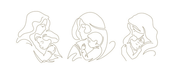 Attractive mother embracing little baby child love tenderness continuous line art logo set vector