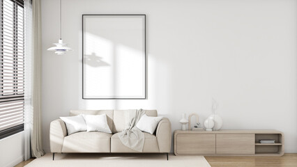 Interior living room mockup poster picture frame, sofa, pillows, rug, lamp, cabinet, window, and natural light is perfect for any living room design. modern minimalist style. 3D render