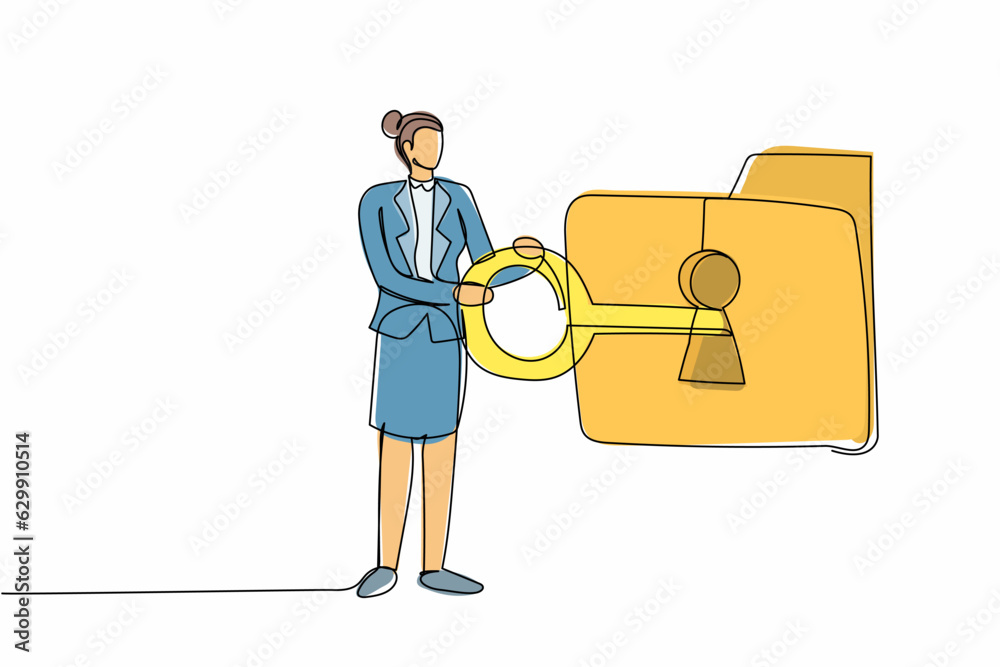 Poster continuous one line drawing businesswoman put key into folder. digital folder locked in computer wit