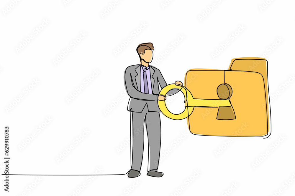 Poster single continuous line drawing businessman putting big key into folder. folder locked with key. data