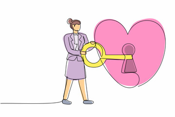 Single continuous line drawing lovely businesswoman putting big key into heart. Young woman try to unlock her heart. Metaphor love or marriage concept. One line draw graphic design vector illustration