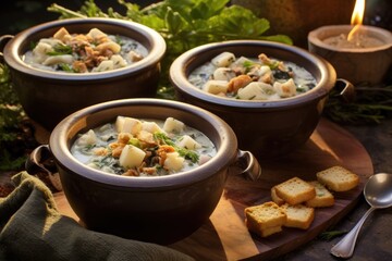 bowls of clam chowder with oyster crackers - obrazy, fototapety, plakaty