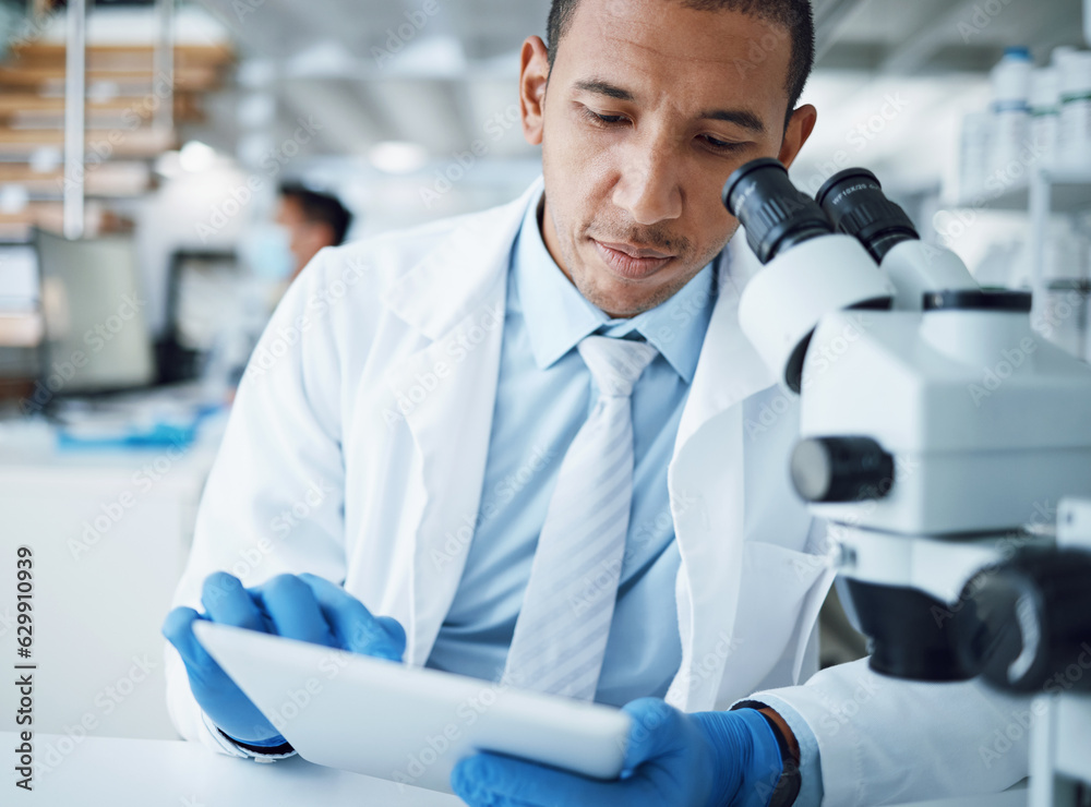 Poster microscope, science and man with tablet in laboratory for research, medical analysis and biotechnolo