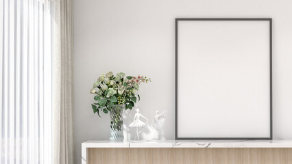Mockup a poster picture frame in Interior living room design, modern minimalist style. Marble counters, vases, statues, white walls. 3D render