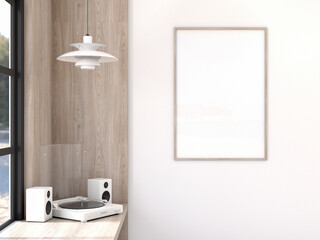 Fototapeta premium Interior design Livingroom relaxation corner. Mockup poster picture frame, ceiling lamp, Record player, wooden wall. japan interiors' modern minimalist style. 3D render