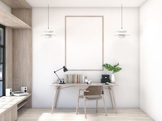 Interior design Livingroom working corner. An armchair with books, mockup poster picture frame, and lamp. japandi interiors modern minimalist style. 3D render