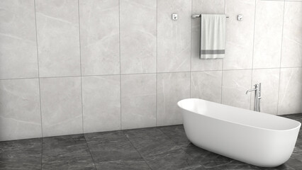Bathroom interior design, modern, minimal style, bathtub, dark tone tiled floor. 3D render