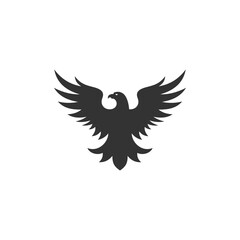 Flying falcon with open wings black monochrome silhouette logo for hunting patriotism vector flat