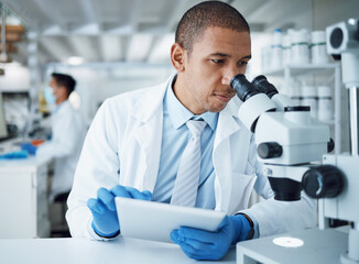 Microscope analysis, man and laboratory scientist working on healthcare research, pharma project or...