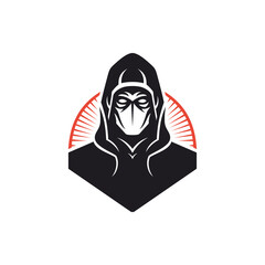 Ninja fighter anonymous warrior in mask hood minimal geometric logo for gaming t shirt print vector