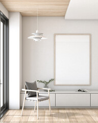 Mockup a poster picture frame in Interior living room design, modern minimalist style. Ceiling lights, cabinets, armchairs, white walls. 3D render background