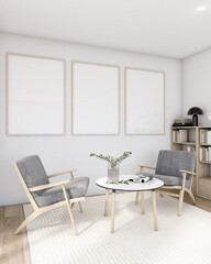 Mockup poster frame in a modern minimalist style interior. White walls, wooden floors, dining tables, ceiling lights. 3D render
