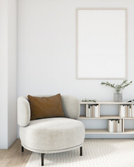 mockup poster frame in a modern minimalist style interior. White walls, armchair, cabinet, wooden floors. 3D render