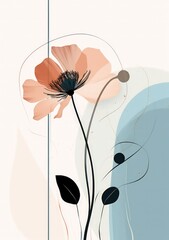 Poster with abstract flowers and circles on white background for home decor by Generative AI