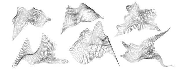 Distorted grid shapes isolated. Retrofuturistic warped mesh grid. Curved mesh abstract elements. Retro punk design element. Vector curve surface background.