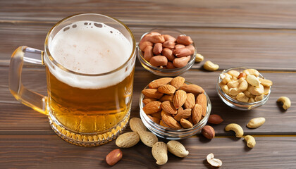 Glass of beer and almond, macadamia, peanut, cashew nut on the wooden background.