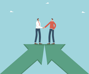 Fototapeta premium Strategic planning in achieving common goals, working together for financial growth, cooperation and partnership to overcome difficulties and make great business success, men shaking hands on arrows.