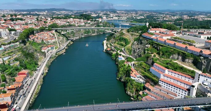 Porto Aerial view flying west towards Duoro River Valey and wine farms, Portugal