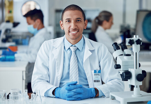 Science Portrait, Happy Man And Laboratory Scientist Working On Healthcare Research, Medical Development Or Project. Science Career, Job Happiness And Hospital Person Work On Biotechnology Study