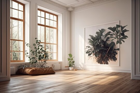 a plant filled wooden floor with an empty wooden frame. mockup for images, images, photos, and writing. Generative AI
