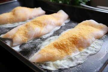 fish fillets coated in batter, pre-frying stage