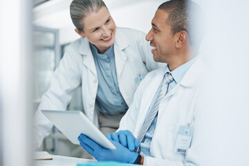 Scientist people, tablet or teamwork in science laboratory for medical research, training or...