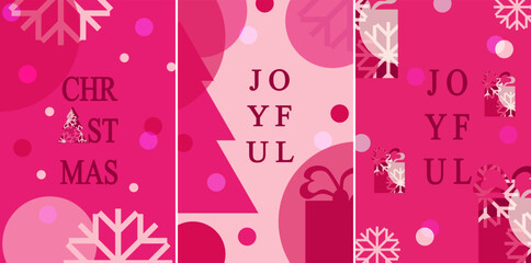 Set of Pink girl Christmas Card Cover in trendy style. Xmas 2024 poster with Christmas tree, gift box and snowflakes. New Year banner in minimalist style for website. Vector Art. 