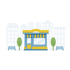 Obraz premium Store facade. Shops fronts on street. Store can selling baked and farm products, pizza, flowers, books, wine, meat, candies, toys. Vector illustration.