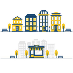 Houses. Urban street scene with houses. Store facade. Shops fronts on street. Vector illustration for web design, application interface, infographics.