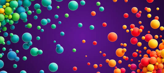 Abstract background with many colorful random flying spheres. Colorful rainbow matte soft balls in different sizes. Vector illustration