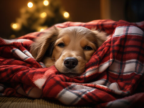 a dog wrapped snugly in a Christmas-themed blanket, resting near the fireplace.