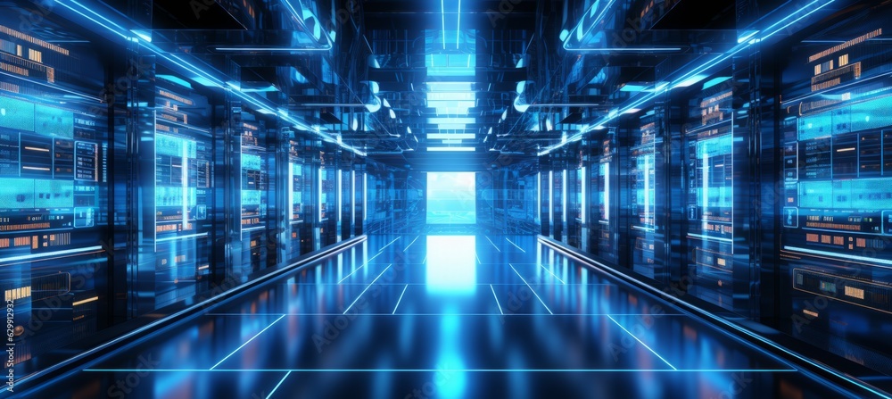 Poster Server room digital data storage background. Generative AI technology.	
