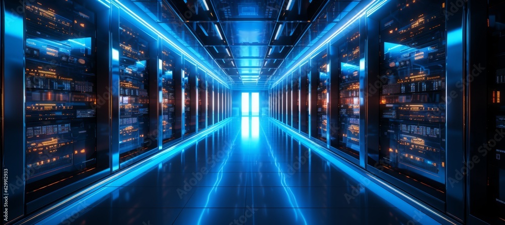 Aufkleber Blue glow neon server racks room data center background. Generative AI technology.	
