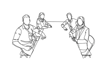 One continuous line drawing of staff focuss in discussion. Business training concept. Trendy single line draw