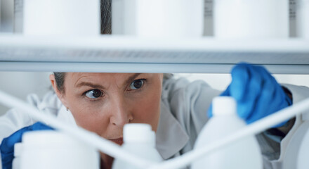 Laboratory, research and woman with bottles on a shelf, check information, medical and science....