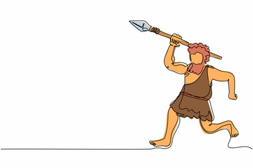 Single continuous line drawing angry hungry primitive caveman chasing running hunting animal with stone spear. Caveman of prehistoric era with weapon. One line draw graphic design vector illustration