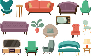 set of home furniture in doodle style vector