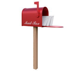 A red mailboxes with a open door, a raised flag, and letters envelope inside 3d render illustration ,isolated on transparent background