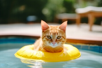Ginger kitten in hat with yellow inflatable ring. Generative AI